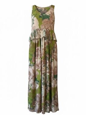H&M Floral Maxi Dress in Green and Brown Size 2 Cottagecore Boho Flowy Summer